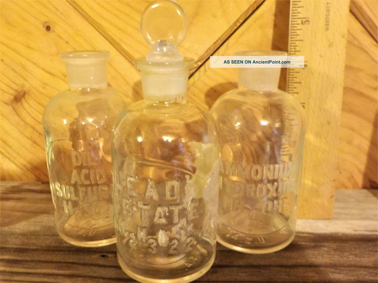 Vintage Chemistry Lab Beaker Jars Embossed Letters Lead Acetate W/ Glass Stopper Bottles & Jars photo