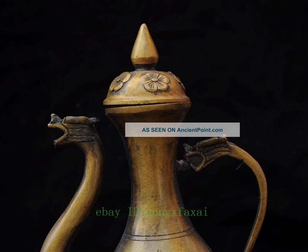 Marked Chinese Brass Fly Dragon Beast Lucky Rice Wine Pot Flagon Hip Flask Jj82 Other Chinese Antiques photo