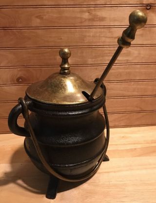 Antique Cast Iron Smudge Pot Fire Starter Brass Lid Pumice Wand photo