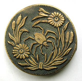 Lg Sz Antique Brass Button Detailed Garden Spider Design - 1 & 3/8 