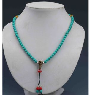 Chinaese Collectibles Handwork Turquoise & Beeswax Toyed Prayer Bead Necklace photo