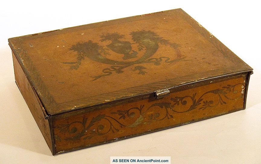 1800s Fine Scarce Tin Toleware Lap Desk Covered Box Yellow Cornucopias Urn Vines Toleware photo