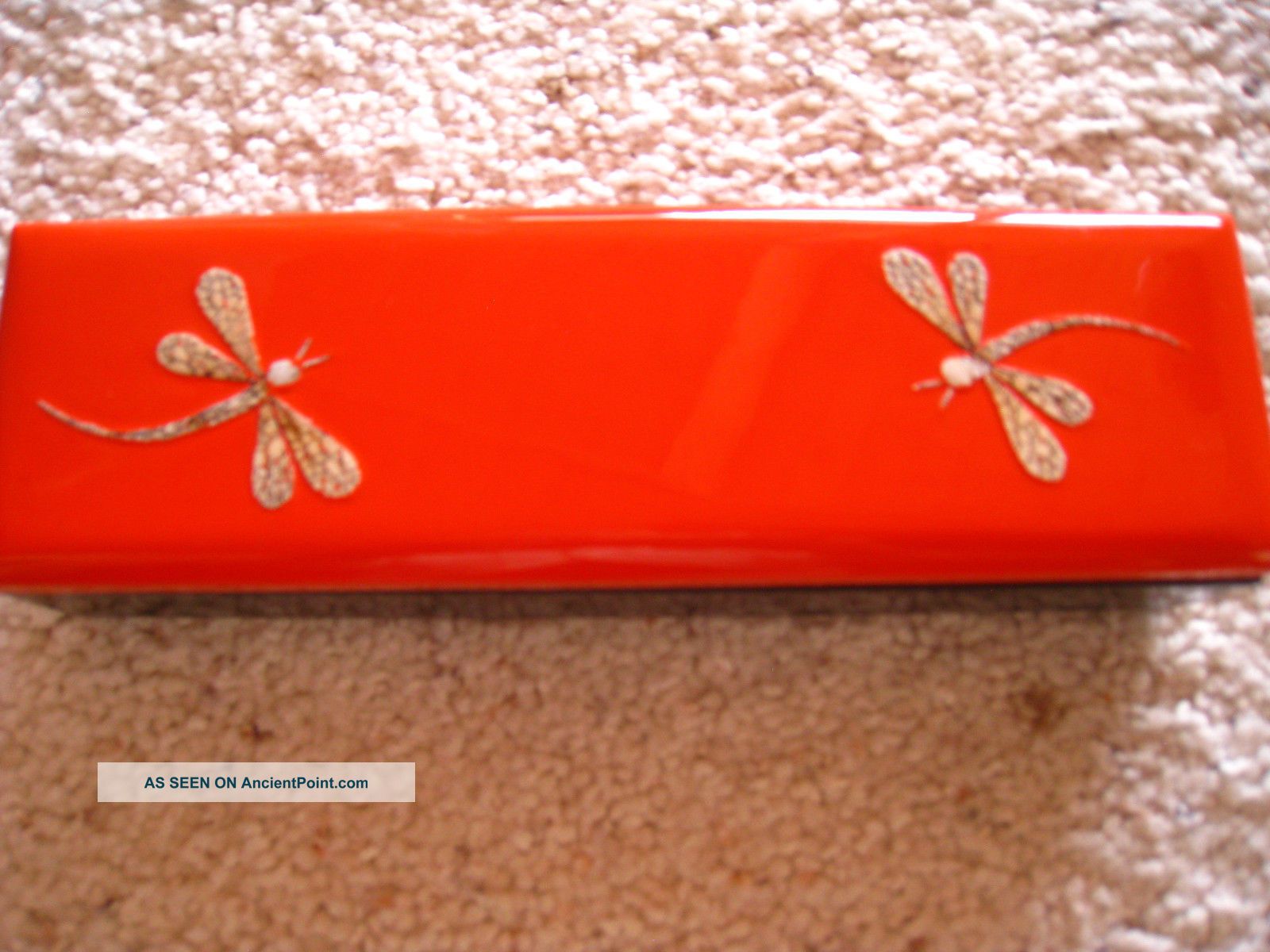 Vintage Japanese (?) Orange And Black Lacquer Glove/trinket Box With Dragonflies Boxes photo