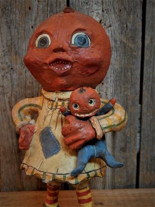 Folk Art Halloween Pumpkinhead Girl With Doll Figurine Retired 2000 photo