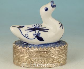 Asian Chinese Old Porcelain Handmade Painting Swan Statue Copper Box photo