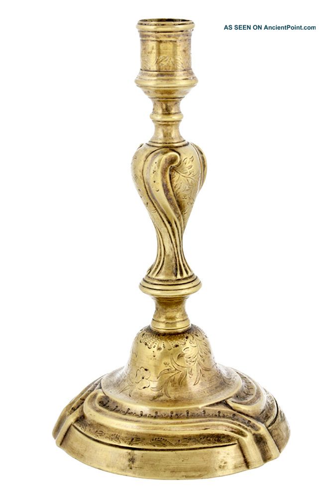18c Engraved French Brass Candlestick 2 Metalware photo