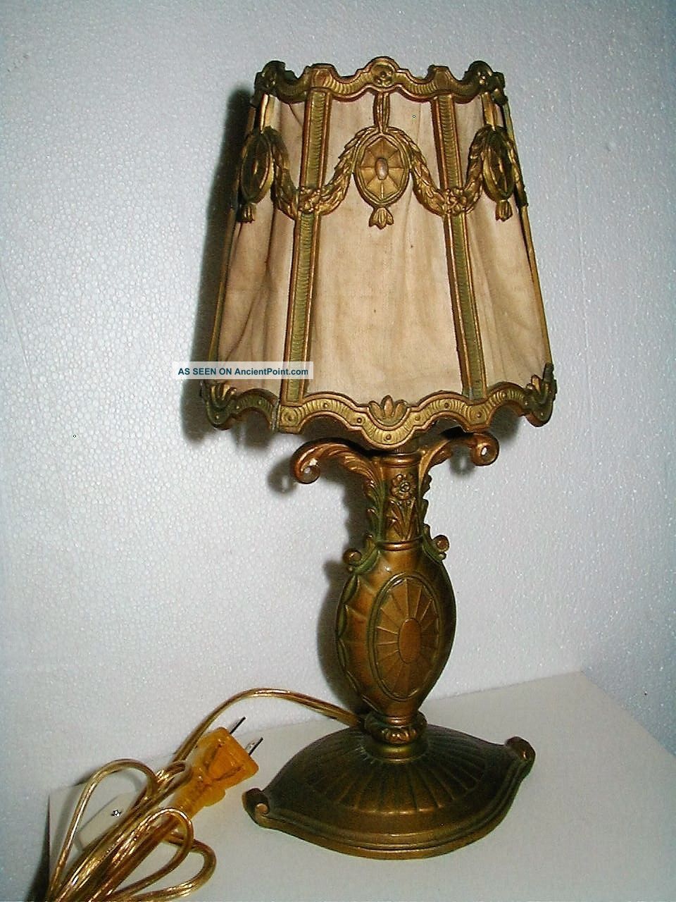 Antique French Barbola Boudoir Table Lamp,  Fabric Shade Lamps photo