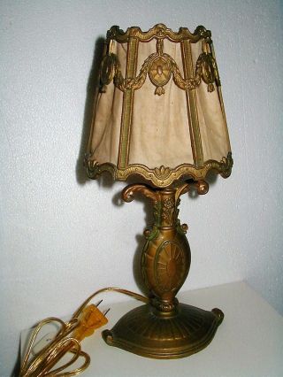 Antique French Barbola Boudoir Table Lamp,  Fabric Shade photo