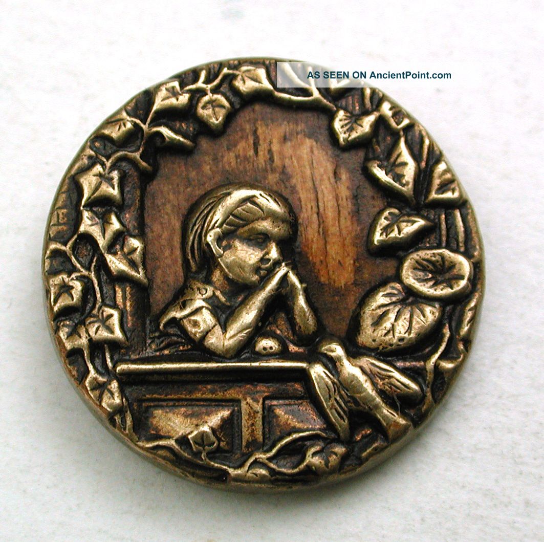Antique Woodback Brass Button Wistful Girl In Window W/ Bird - 11/16 