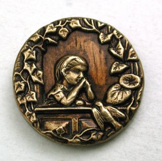 Antique Woodback Brass Button Wistful Girl In Window W/ Bird - 11/16 