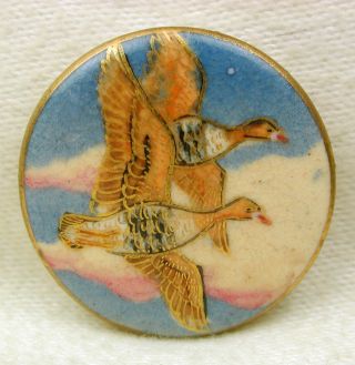 Vintage Satsuma Button Two Ducks In Flight W/ Gold Accents - 1 & 1/16 photo