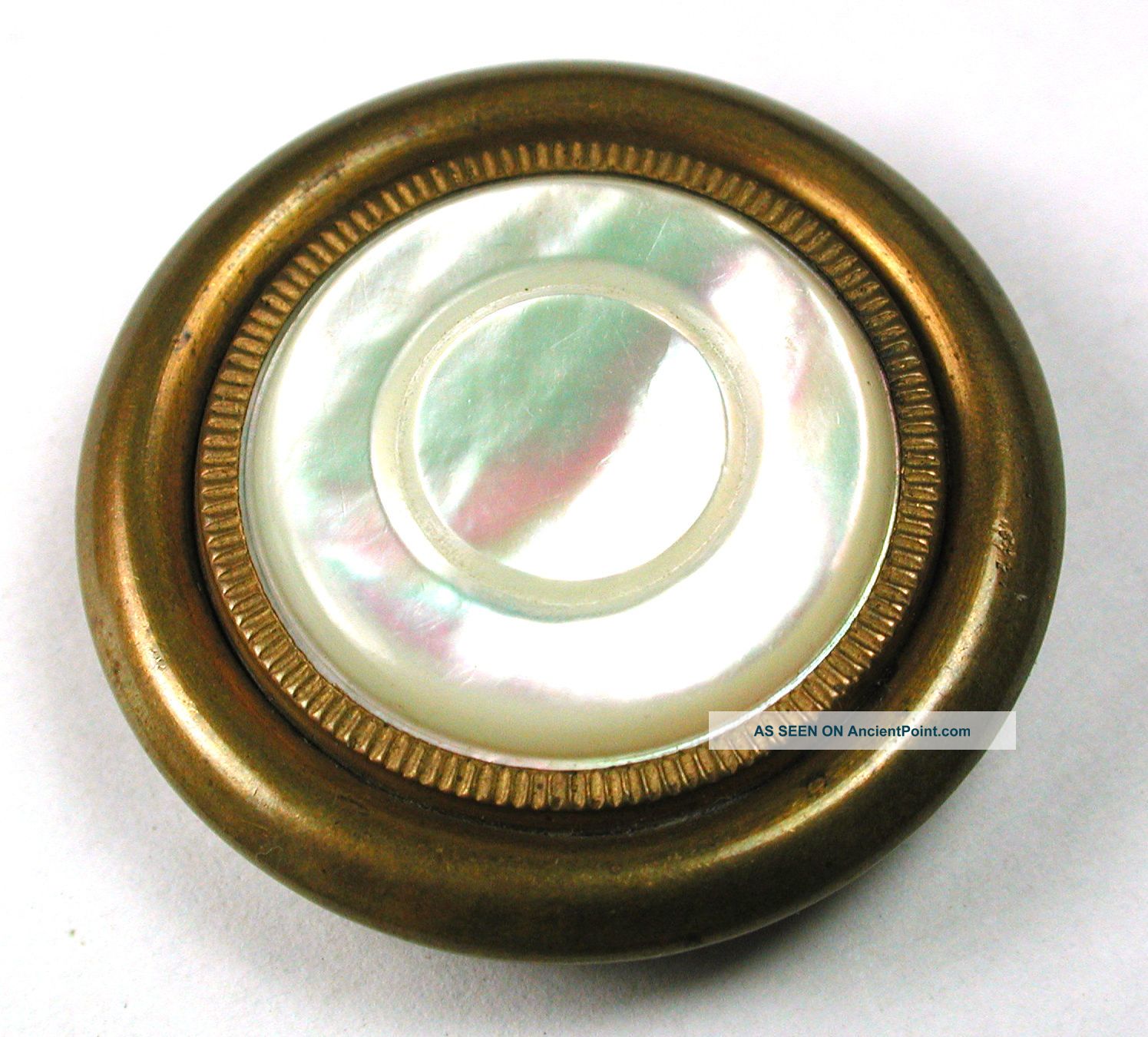 Lg Sz Antique Button Carved Iridescent Shell W/ Brass Border - 1 & 7/16 