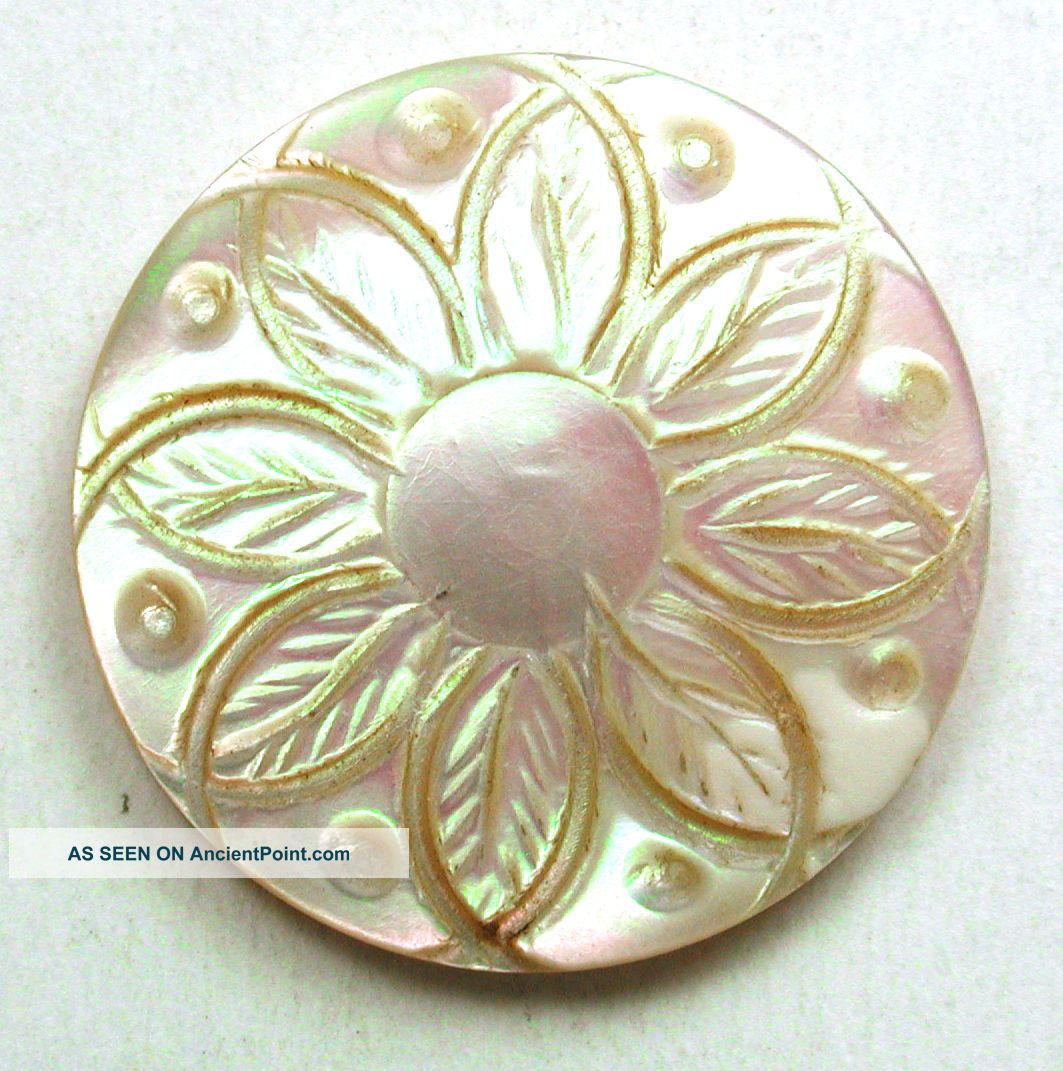 Antique Carved Iridescent Shell Button W/ Detailed Flower Design - 1 & 1/16 
