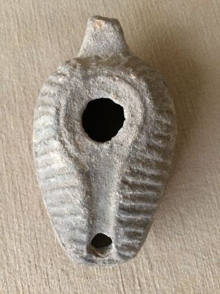 Antique Roman / Eastern Style Pottery Oil Lamp Grey With Decorative Stripes photo