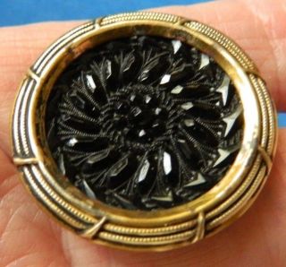 Antique Vtg Lacy Black Glass In Brass Button photo