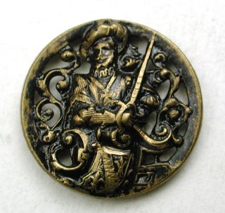 Antique Pierced Brass Button Man Wearing Cross Brandishes A Sword - 11/16 