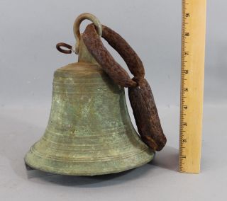 19thc Antique,  8in X 8 In,  Bronze Ships Bell & Wrought Iron Links, photo