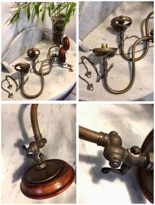 2 X Antique 1900s Edwardian Converted Gas Brass Wall Sconce Lamp Lights Falk photo