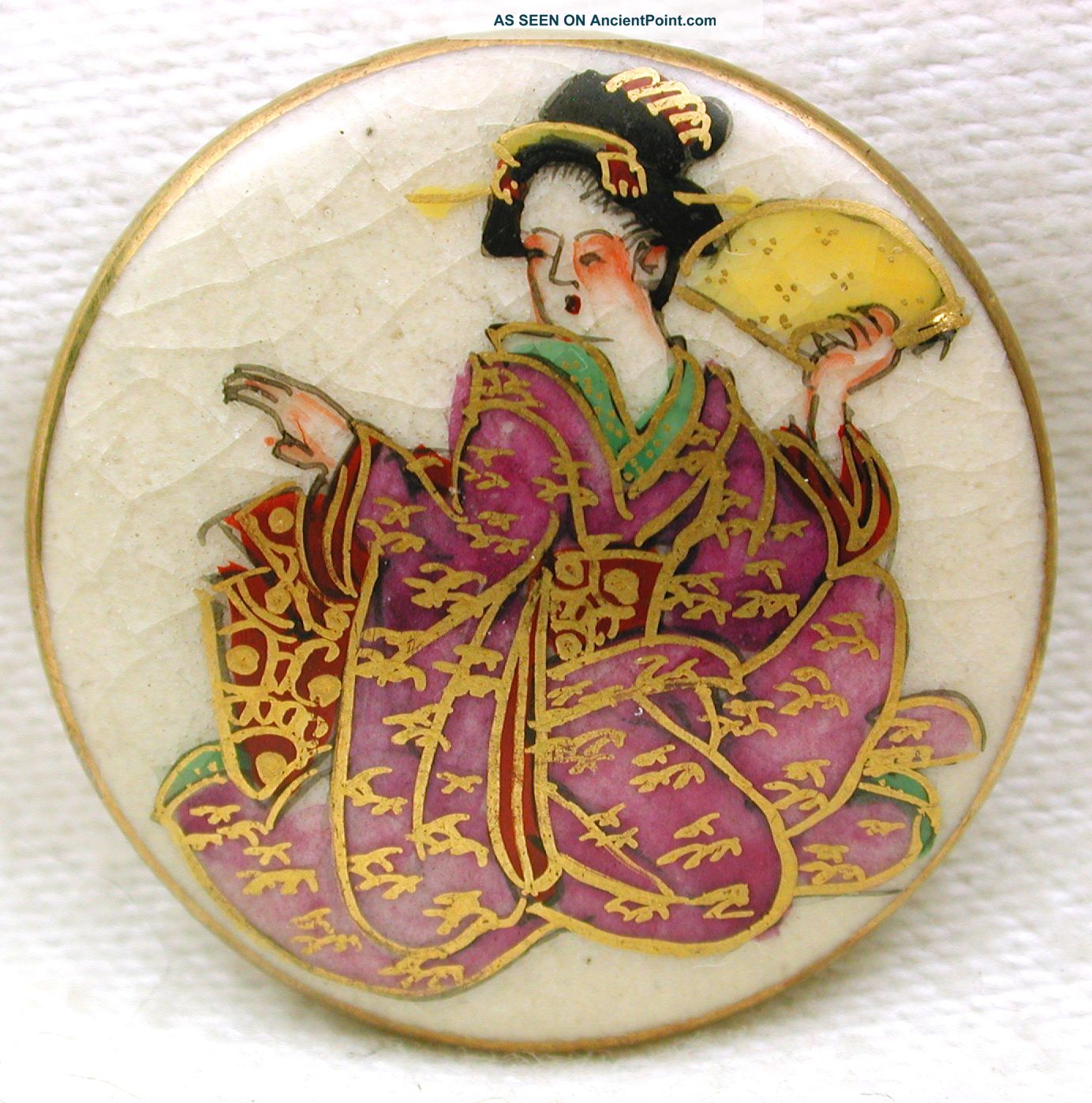 Vintage Satsuma Button Colorful Geisha Holds Fan W/ Gold Accents 1 & 1/16 