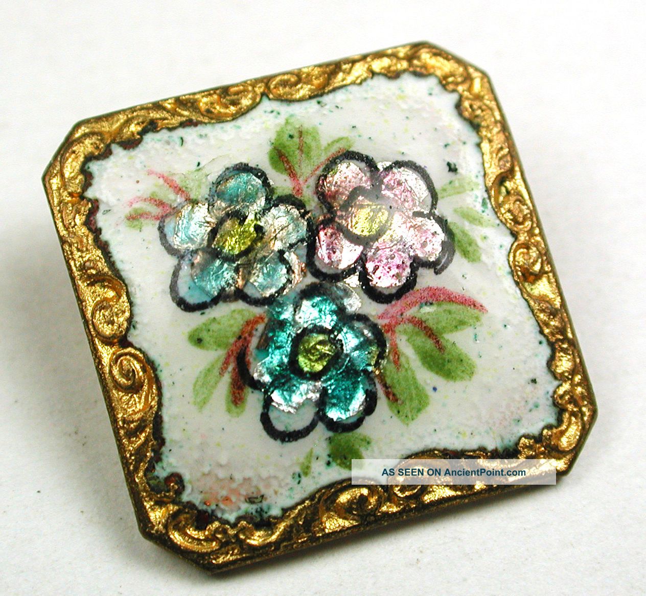 Antique Square Enamel Button Three Flowers Over Foil W/ Fancy Brass Border 7/8 