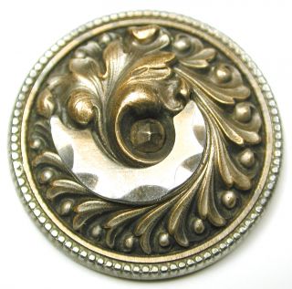 Lg Sz Antique Steel Cup Button Fancy Cut Steel & Brass Floral Design 1 & 5/16 photo