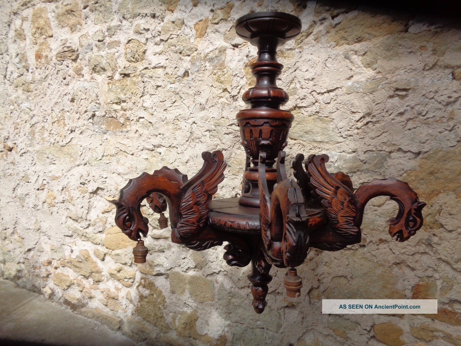 Antique French Carved Wood Chandelier With Chimeras Chandeliers, Fixtures, Sconces photo