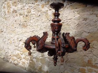 Antique French Carved Wood Chandelier With Chimeras photo