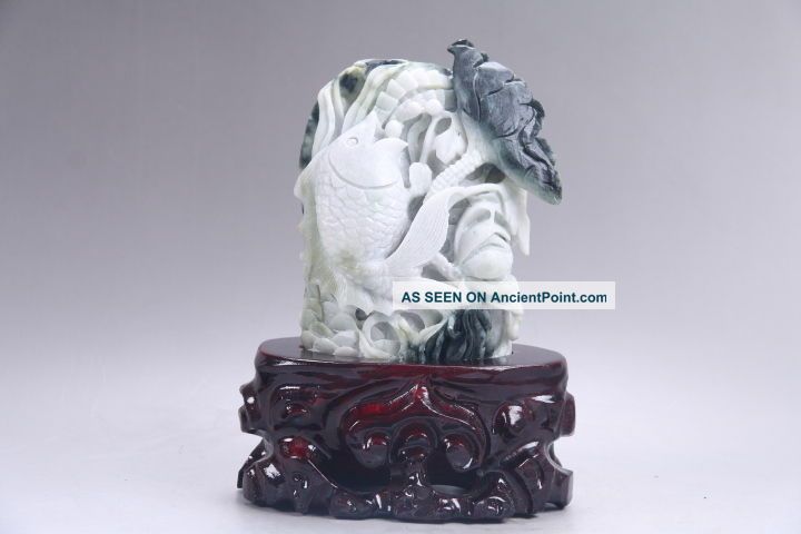 Exquisite 100 Natural Dushan Jade Hand Carved Flower&fish Statue Y498 Other Chinese Antiques photo