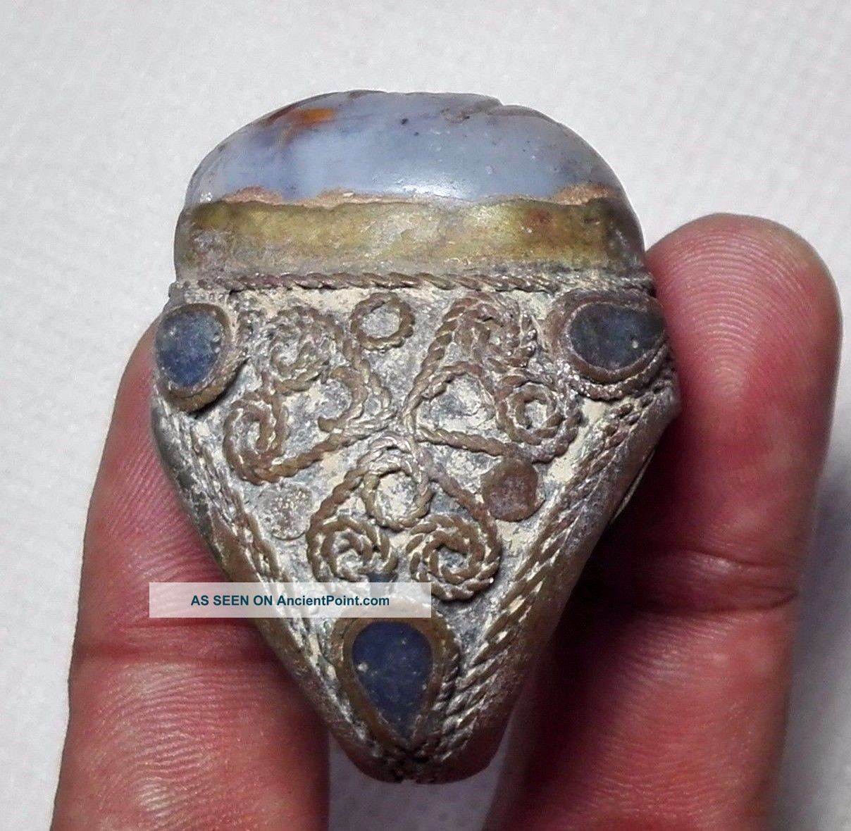 Stunning Unique White Jade Intaglio Bronze Ring 11 Size Near Eastern photo