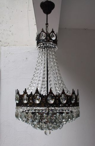 Antique French Basket Style Brass & Crystals Large Chandelier From 1950 ' S photo