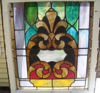 Vintage Antique Stained Glass Window Wood Frame Is 28 Wide X 32 Tall photo