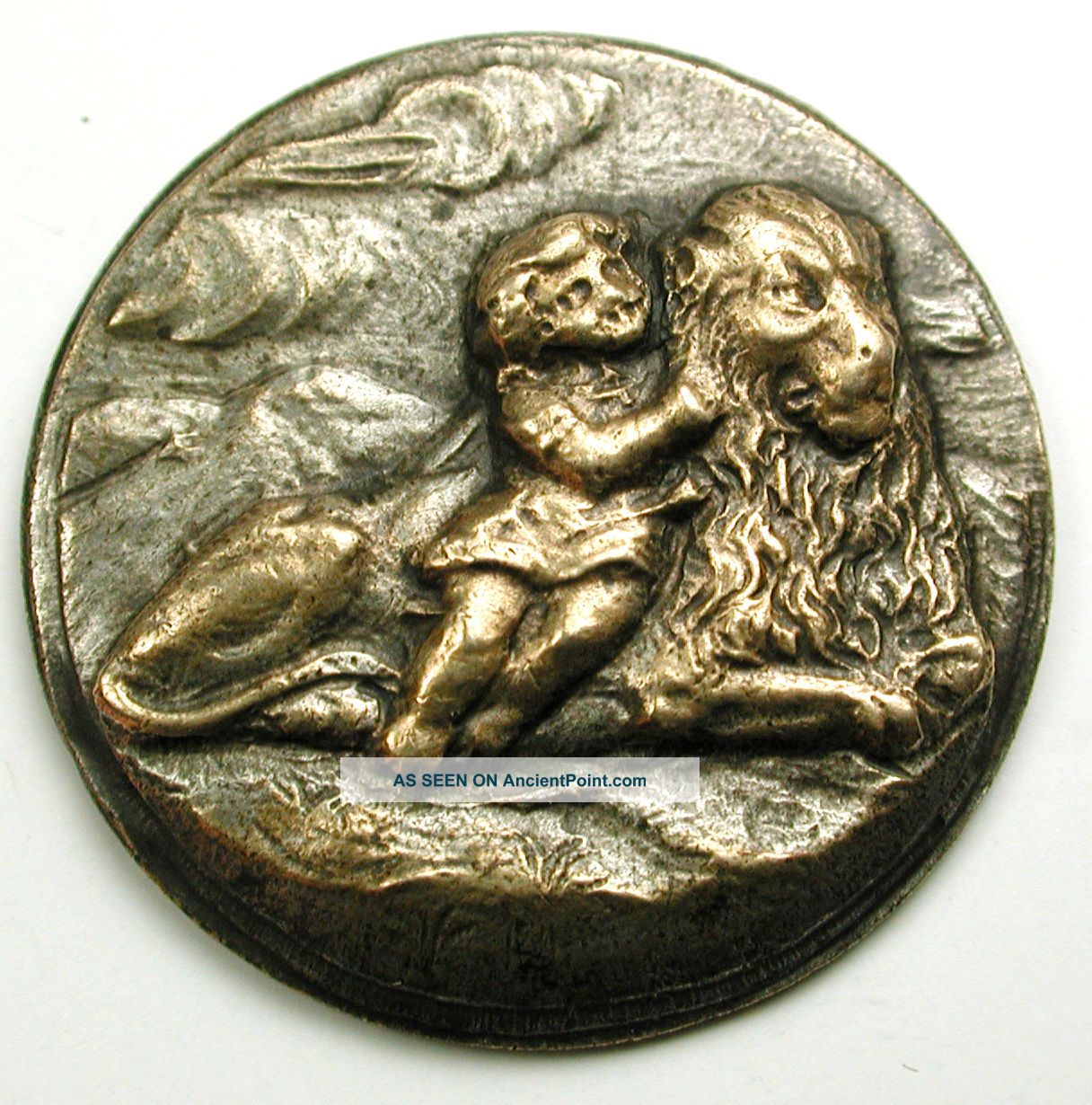 Antique Brass Button Girl Hugging A Lion Scene - 15/16 