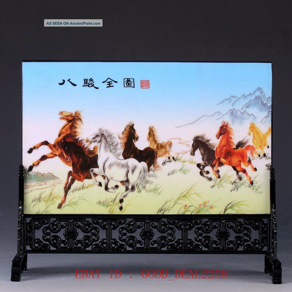 Good Chinese Lacquerware Handwork Painting Eight Horses Screen Pf015 Other Chinese Antiques photo