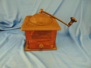 Antique Coffee Beans Grinder Wood And Copper Parts Ornate Top Birds Embossed Art photo