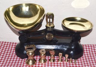 Vintage English Black Boots Cash Chemists Kitchen Scales 7 Brass Bell Weights photo