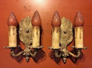 1920s Vtg 1930s Sol Ray Pair Art Deco Gothic Electric Wall Sconce Fixtures Lamps photo