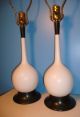Pair Vintage Lightolier Table Lamps Mid - Century Modern Ceramic Danish Teak Wood Lamps photo 2