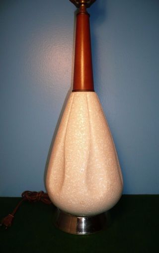 Mid - Century Modern Danish Table Lamp Dimpled Textured Ceramic Teak Wood Light photo