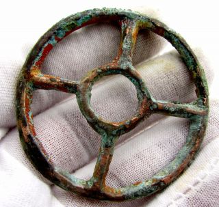 Roman Bronze Wheel Of Fortune Amulet - Ancient Wearable Artifact - G797 photo