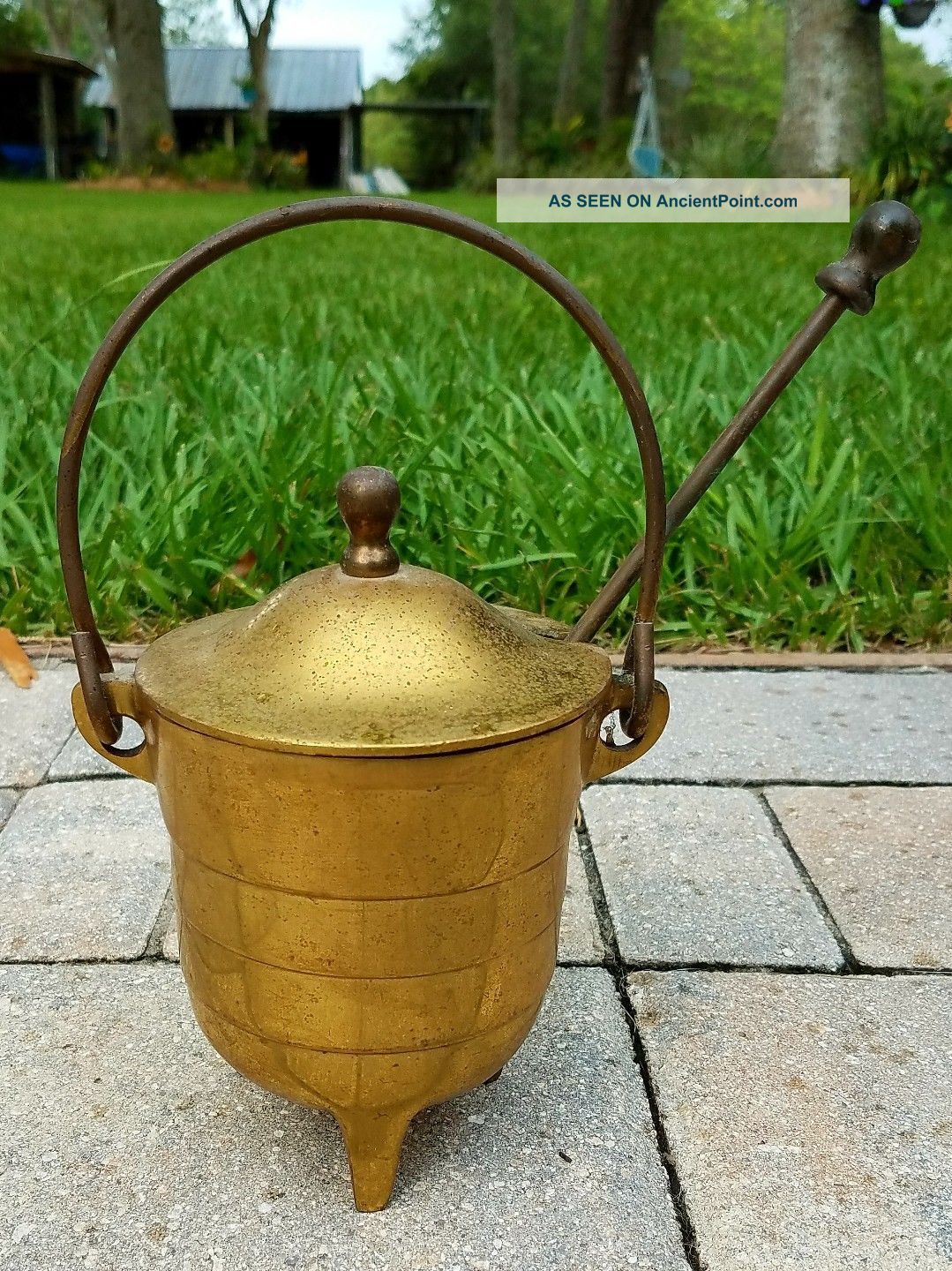 Smudge Pot Smelting Cauldron Kettle Fire Starter Pumice Wand Solid Brass Vintage Hearth Ware photo