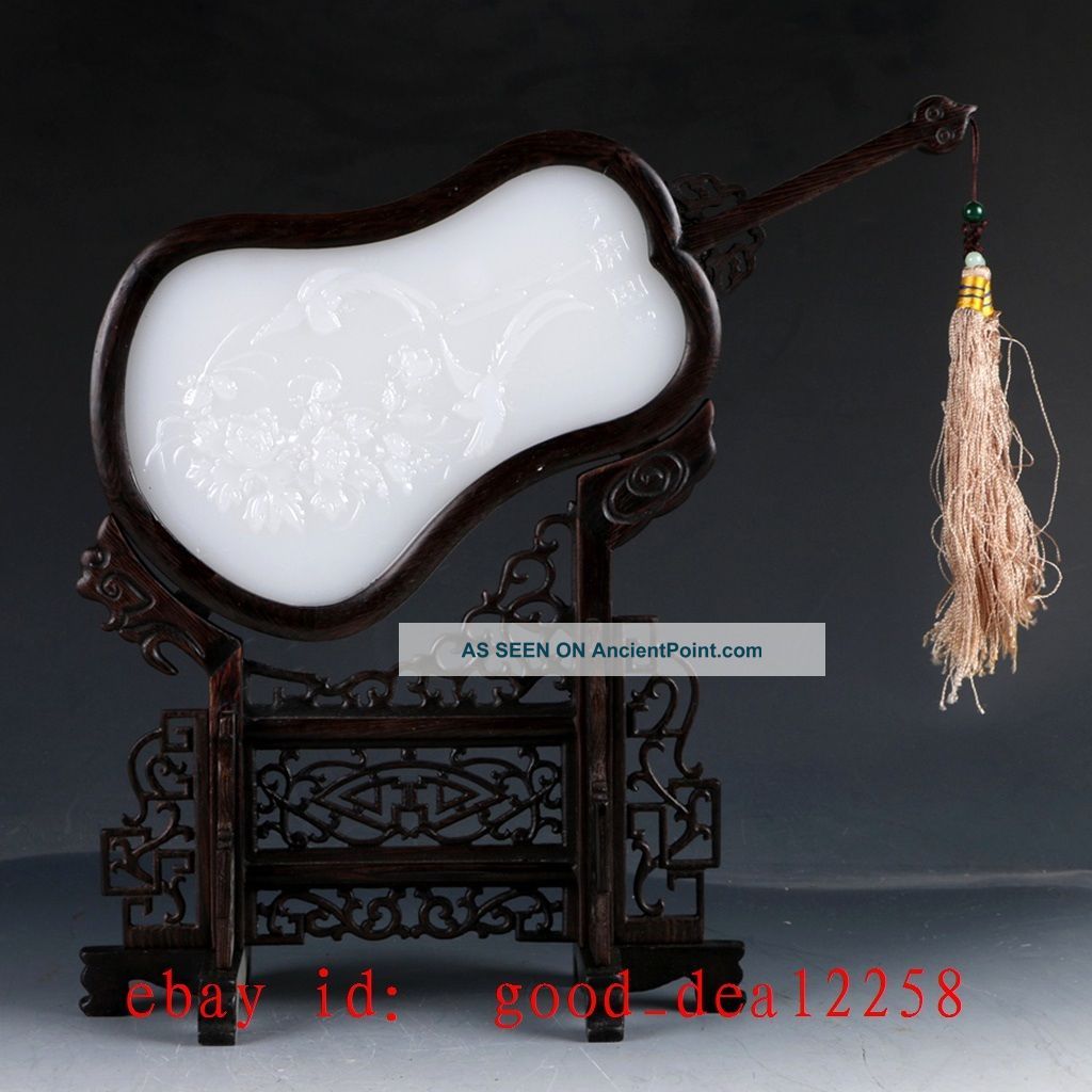 Chinese Wood Inlay Afghanistan Jade Carved Bird & Peony Screen Ypf23 Other Chinese Antiques photo