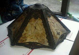 Antique Slag Glass Lamp Shade Butterfly Panels Arts Craft Miller Bradley Hubbard photo