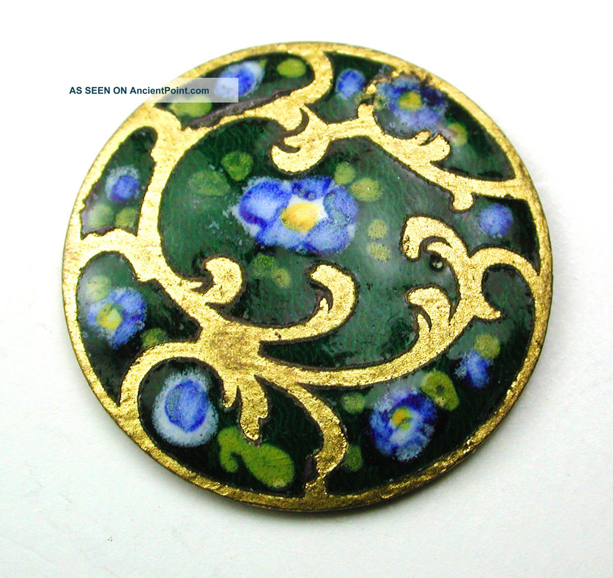 Antique Enamel Button Hand Painted Blue Flowers On Green & Brass Design 3/4 