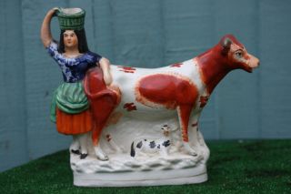 Mid 19thc Staffordshire Russet Red & White Cow Creamer & Milkmaid C1860s photo