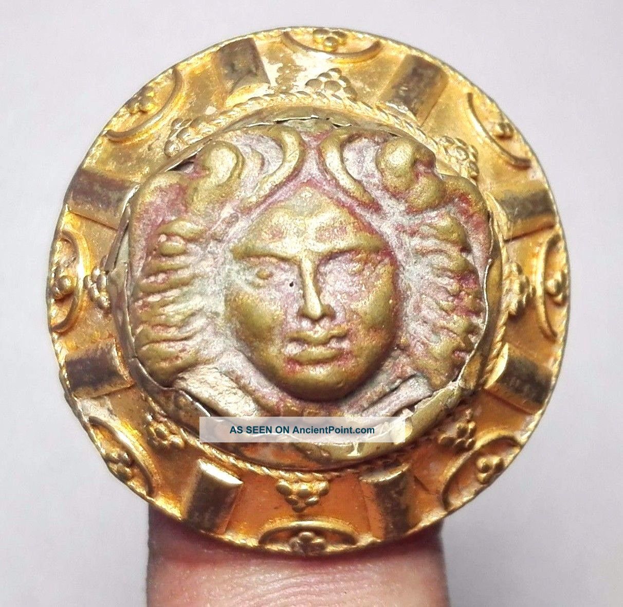 Antique Gold Gilding Ancient Bronze Face Ring 9 Size Near Eastern photo