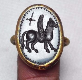 Wonderful Agate Pegasus Intaglio Stone Black Bronze Gold Gilding Ring 9.  5 Size photo