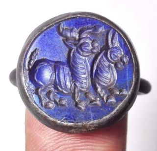 Wonderful Lapiz Intaglio Deer & Horse Stone Seal Bronze Ring 9.  5 Size photo