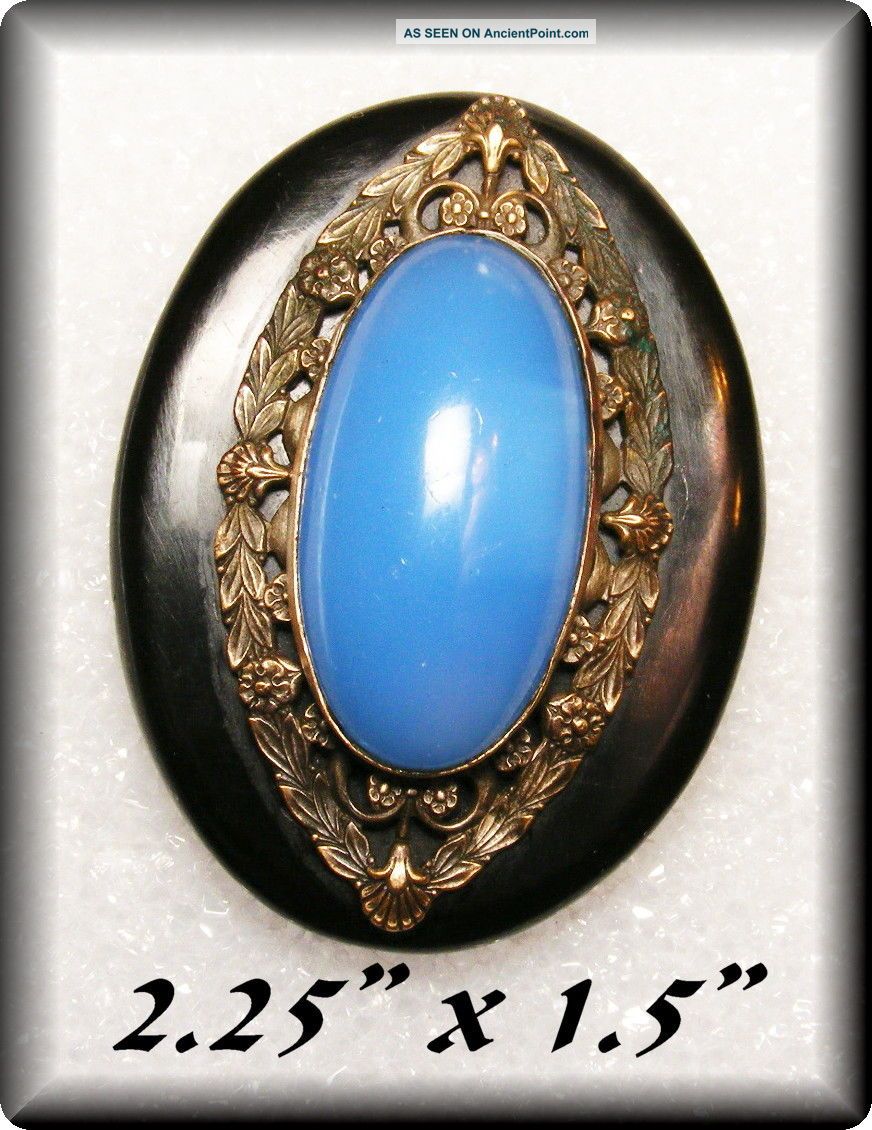 Antique Huge Stunning Bakelite Cape Coat Button W Periwinkle Blue Glass Stone Buttons photo