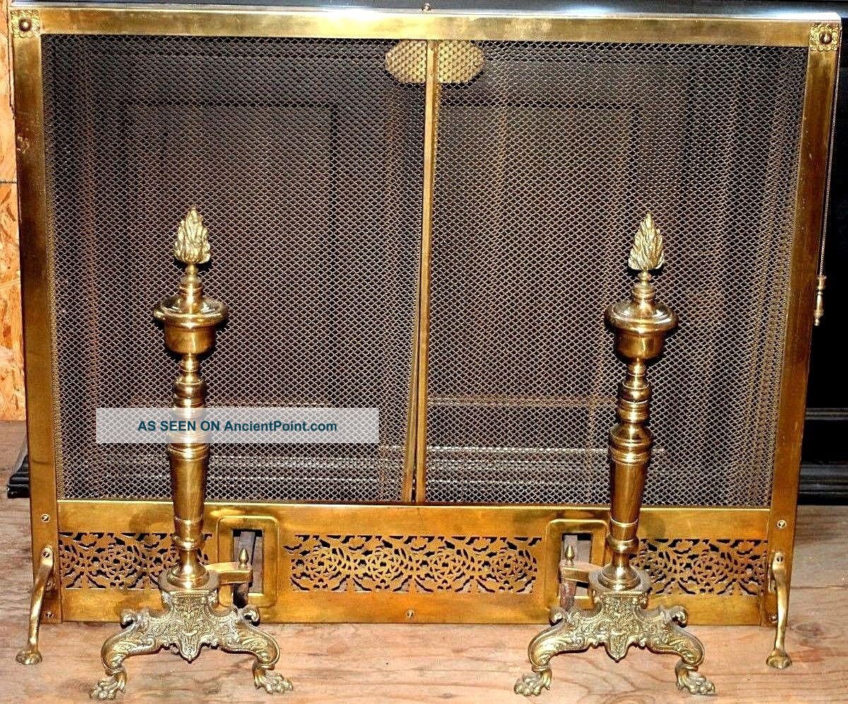 Antique Vintage Early1900 S Pierced Brass Fireplace Screen Chippendale Andirons