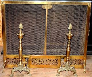 Antique/vintage Early1900 ' S Pierced Brass Fireplace Screen &chippendale Andirons photo